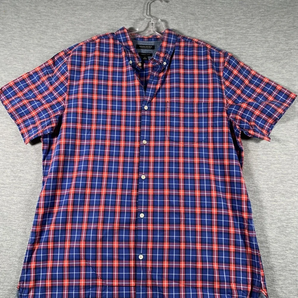Banana Republic Shirt Mens XL‎ Blue Red Plaid Grant Fit Button-Down Short Sleeve